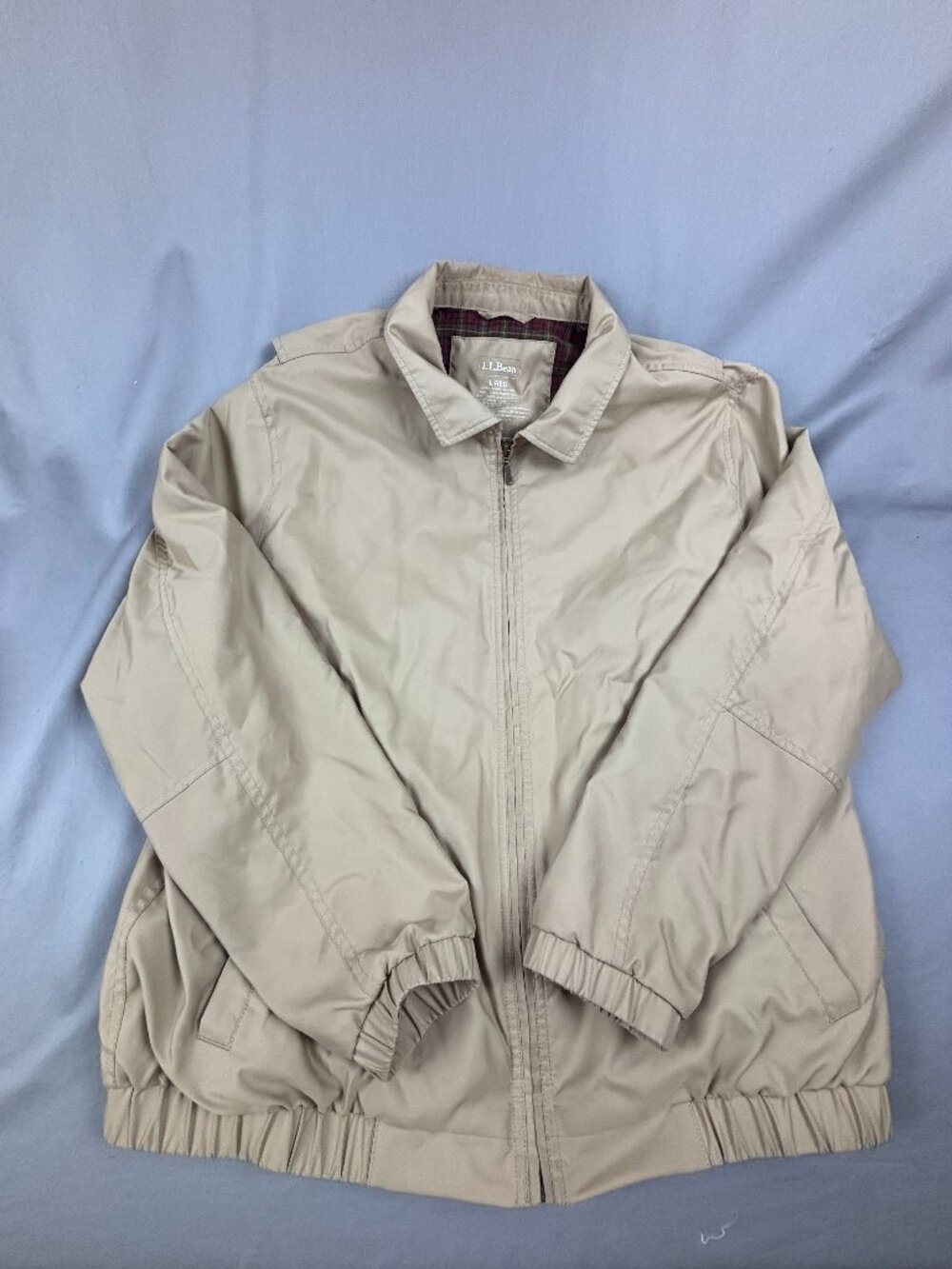 L.L.Bean Mens L H2OFF Coat Bomber Jacket Tan Plaid Lined Full Zip Windbreaker